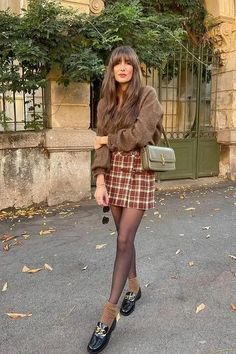 Plaid skirt with loafers