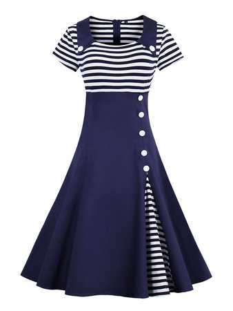 Contrast Striped Button Detail Flare Dress