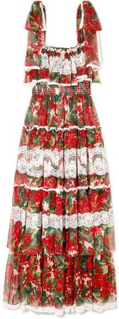 Tiered Lace-paneled Floral-print Silk-blend Voile Gown