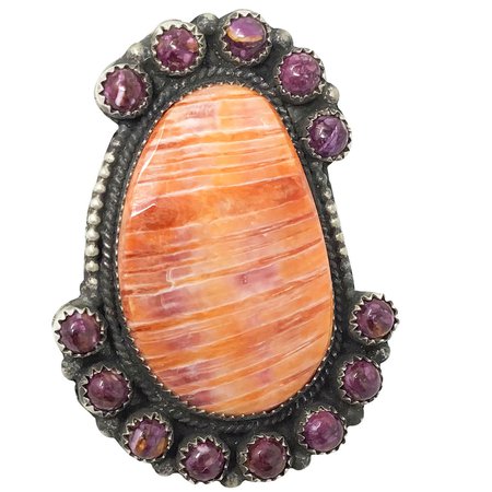 Delvin Brown Navajo Handmade Orange And Purple Spiny Oyster Shell Cluster Ring, size 8.5