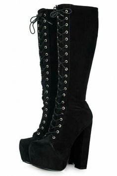 Black Lace up Heeled Knee High Boots