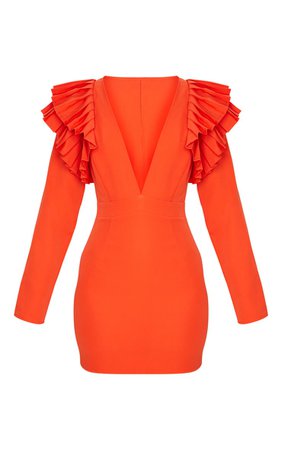 Bright Orange Pleated Shoulder Long Sleeve Dress | PrettyLittleThing USA