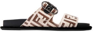 Logo-print Leather And Rubber Slides - Beige