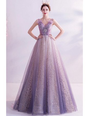 Purple With Bling Sequins Vneck Formal Prom Dress For Teens Wholesale #T47080 - GemGrace.com
