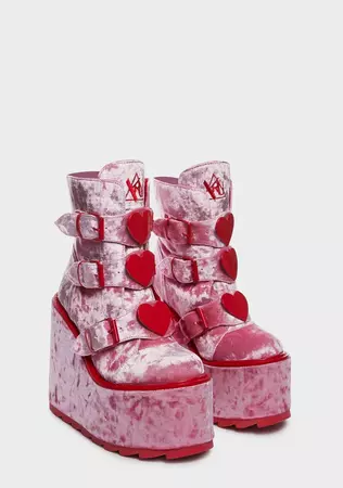 Y.R.U. Velvet Heart Charm Platform Boots - Pink/Red – Dolls Kill