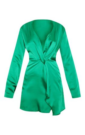 Green Satin Long Sleeve Wrap Dress. Dresses | PrettyLittleThing