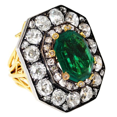 Victorian No Oil Colombian Emerald Old Mine Diamond Ring and Pendant For Sale at 1stdibs