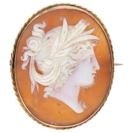 Yellow Gold Carved Shell Cameo Edwardian Silhouette Brooch, 10k Antique Oval Pin For Sale at 1stDibs