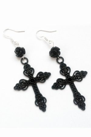 Black Rose Ornate Black Cross Gothic Earrings | Gothic