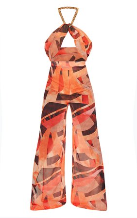 Orange Abstract Print Chain Split Leg Jumpsuit | PrettyLittleThing USA