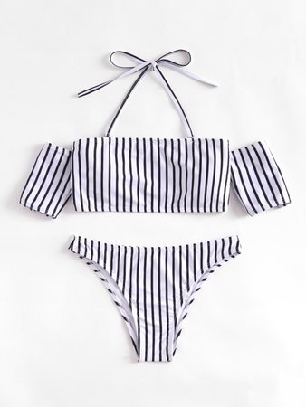 Striped Halter Off The Shoulder Bikini Set
