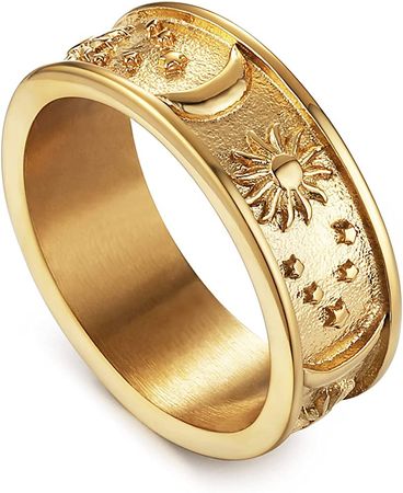 HZMAN 8mm Moon Star Sun Statement Ring Stainless Steel Boho Jewelry for Women Men (Gold, 5)|Amazon.com