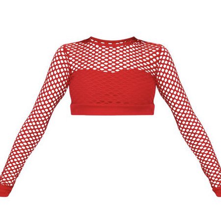 Red fishnet cropped long sleeve top