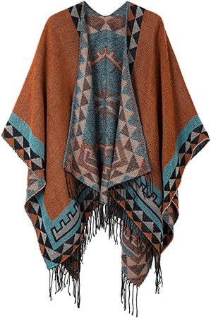 Urban CoCo Women's Printed Tassel Open front Poncho Cape Cardigan Wrap Shawl (Series 10-Navy Blue) at Amazon Women’s Clothing store