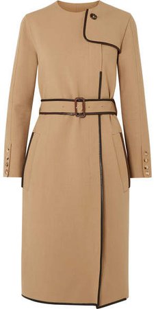 Belted Leather-trimmed Cady Midi Dress - Beige