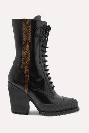 Rylee Snake-effect Leather-trimmed Glossed-leather Ankle Boots - Black