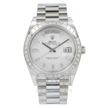 ROLEX DAY-DATE 228396TBR 40MM SILVER MOTHER OF PEARL FACTORY BAGUETTE DIAMOND DIAL AND BEZEL WITH PLATINUM PRESIDENTIAL BRACELET  $135,000.00