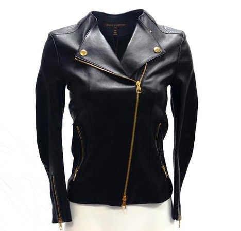 Black Biker Leather Jacket Gold Accent