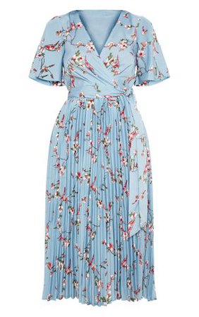 Dusty Blue Floral Pleated Midi Dress | PrettyLittleThing