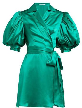 Alessandra Rich - Puff Sleeve Silk Charmeuse Wrap Mini Dress - Womens - Green