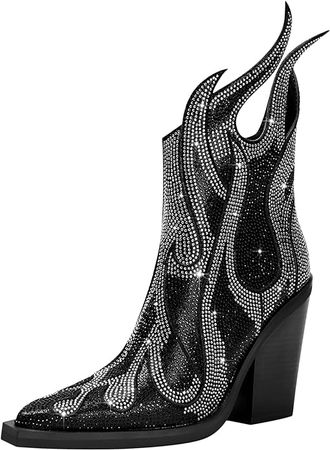 Amazon.com | Feinlina Women's Rhinestone Flame Pointed Toe Block Chunky Heeled Boots Fashion Sparkly Cowboy Ankle Booties,Black | Ankle & Bootie