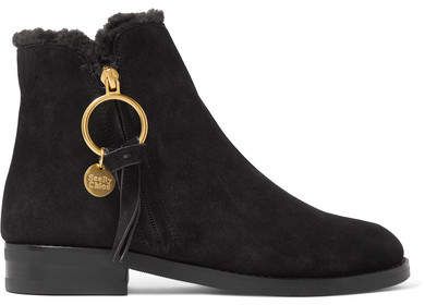 Shearling-lined Suede Ankle Boots - Black