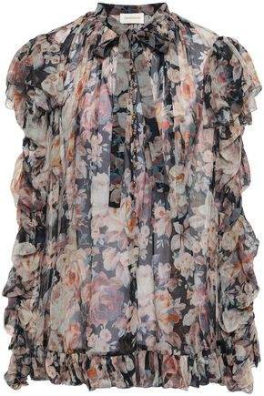Ruffle-trimmed Floral-print Silk-georgette Blouse
