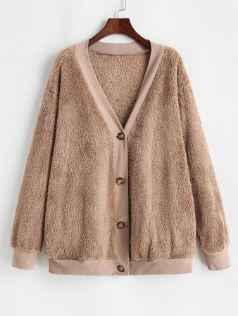 [34% OFF] 2020 Button Up Ribbed Trim Fluffy Cardigan Coat In COFFEE | ZAFUL