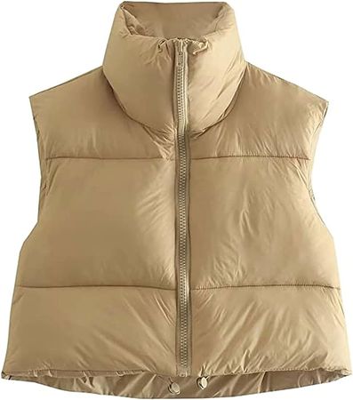 Shebote Women Cropped Puffer Vest for Women's Sleeveless Lightweight Zip Up Warm Vest Outerwear Jacket Padded Gilet Coat Top(0010-Khaki-XL) at Amazon Women's Coats Shop