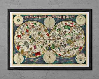 ANTIQUE STAR MAP Vintage Astrology Print Professional