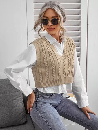 Cable Knit V-neck Sweater Vest | SHEIN UK
