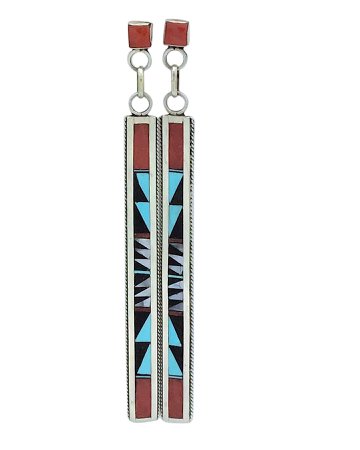 Rhiannon Weahkee Zuni Handmade Turquoise, Coral, Mother Of Pearl, And Jet Channel Inlay Earrings