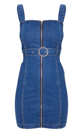 Dark Blue Wash Zip Up Belted Denim Mini Dress | PrettyLittleThing