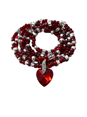 Deep Red and Silver Crystal Waist Beads with Crystal 'Heart" Charm, stretch, weight loss tracker, plus available, belly beads, body jewelry
