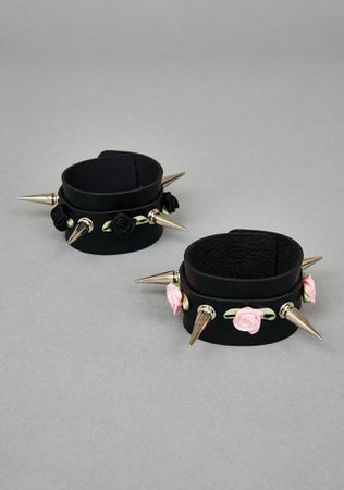 Rosebud Spike Bracelet Cuffs - Faux Leather Black | Dolls Kill