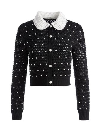 Collins Pearl Embellished Crochet Cardigan In Black/soft White | Alice And Olivia