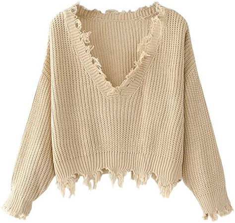 ZAFUL Women's Loose Long Sleeve V-Neck Ripped Pullover Knit Sweater Crop Top (Army Green) at Amazon Women’s Clothing store