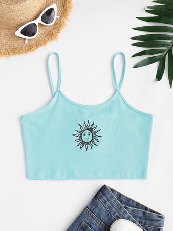 [26% OFF] 2021 Sun Embroidered Crop Cami Top In LIGHT BLUE | ZAFUL