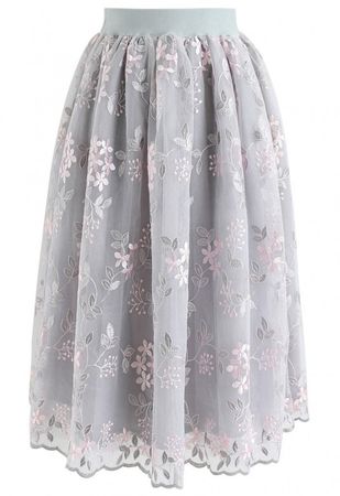 Let It Bloom Floral Embroidered Skirt in Grey - Retro, Indie and Unique Fashion