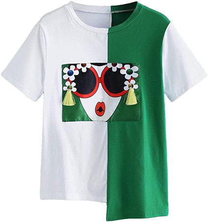 SheIn Women's Summer Short Sleeve Color Block T Shirts Graphic Printed Tee Tops X-Large Green and White