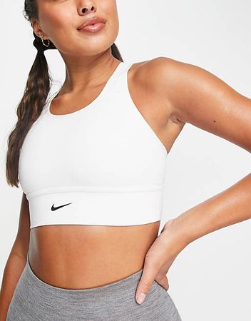 Nike Training Dri-FIT Swoosh longline medium support padded sports bra in white | ASOS