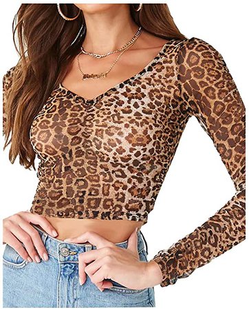 BelleLovin Women's Sheer Mesh Long Sleeve Crop Top Sexy Tee Blouse (Leopard -Mock Neck, X-Large) at Amazon Women’s Clothing store