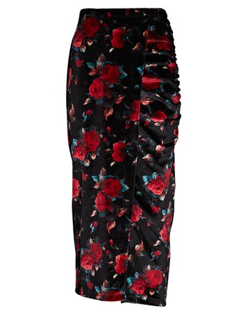 Autumn Adeigbo Rowenna Ruched Floral Velvet Midi Skirt | INTERMIX®