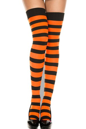 Women's Orange and Black Stripe Thigh High Stockings