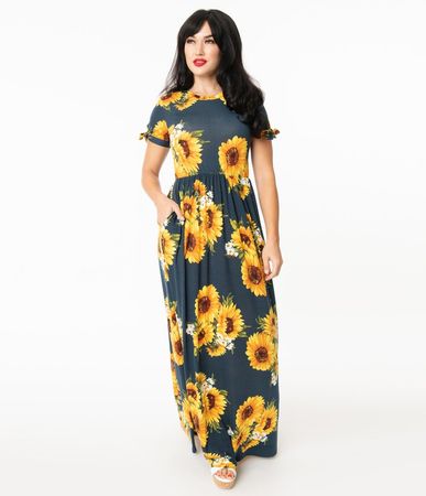 Unique Vintage Navy & Sunflower Print Mallory Maxi Dress