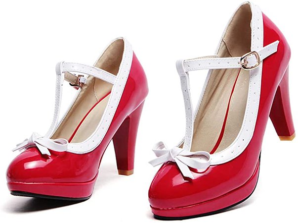 Amazon.com | ForeMode Fashion Women T-Strap High Heels Bow Platform Round Toe Pumps Leather Summer Lolita Sweet Shoes (Red5, 5.5) | Pumps