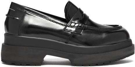 Raised Sole Patent Leather Penny Loafers - Womens - Black