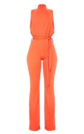 Bright Orange Scuba High Neck Tie Waist Jumpsuit | PrettyLittleThing USA