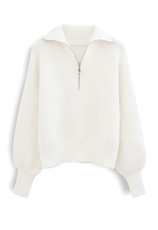 High Zipper Collar Knit Sweater in White - Retro, Indie and Unique Fashion