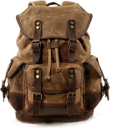 Amazon.com | WUDON Men Travel Backpack, Genuine Leather-Waxed Canvas Shoulder Hiking Rucksack (Khaki) Large | Casual Daypacks